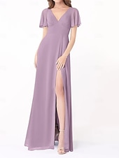 economico Abiti da damigella-Abito A-Line Damigella d&#039;Onore V Collo Manica Corta Elegante Lunghezza del Pavimento Chiffon con Fessura Frontale/Ruching