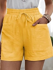 abordables Pantalon uni en coton et lin-Femmes Shorts Slacks Streetwear Occasionnel Court Naturel Uni Avec Poches Conception à cordon élastique Confortable Extérieur Sortir Abricot Jacinthe Noir Blanche Été Coupe régulière
