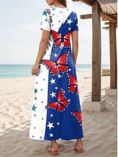 tanie Sukienka na Dzień Niepodległości-Kobiece Patrioticzne Sukienka Maxi T-Shirt Sukienka Tee Sukienka Letnia Casual Motylkowe Rękawy Plaża Regularny Krój Graficzne Gwiazdy i Paski Krótki Rękaw Okrągły Dekolt Czerwony Niebieski