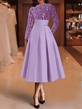 economico Abiti da cocktail-Abiti da cocktail A-line in paillettes elegante abito invitata a matrimonio lunghezza tè maniche lunghe scollo a gioiello in raso con pieghe abiti Derby 2025