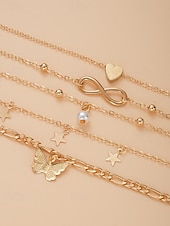 economico Bracciale da donna-Set di cavigliere da donna placcate in oro a strati con ciondoli a forma di farfalla, cuore, stella, infinito e perla - regolabili, stile boho chic per la spiaggia e l&#039;abbigliamento casual
