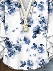 economico Top Floreali-Blusa da Donna con Maniche a Ruffle a Strati Grafica Floreale Elegante Bohemia Vintage Maniche a 3/4 Collo a V Maglietta Regolare Abbigliamento Estivo Primaverile per Vacanze Stampa Gialla Rossa Blu