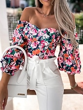 preiswerte Damen Grafik Tops-Damen Boho-Hemd Bluse Blume Modern Boho Langarm Schulterfrei Normale Oberteile Täglich Ausgehen Druck Erröten Sie Rosa Rosa Wein Rote Purpur Sommer