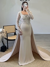 abordables Champagne-Robe de Soirée Sheath  Colonne Robe Élégante Carnaval Formelle Longueur de sol Manches longues Col illusion Détachable Crêpe extensible avec Paillettes et Perles