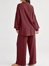 abordables Ensembles-Femmes Actif Mode Chemises en coton et lin Ensembles en coton et lin Chemisier manche longue Col de chemise Couleur Unie Dubbele Rij Knopen Fête Décontracté Quotidien Noir Ivoire Vin Été Coupe