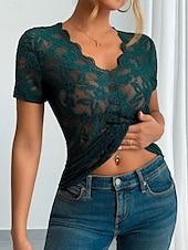 abordables Hauts en dentelle-Blouse en dentelle pour femmes tops à couleur unie élégant décontracté manches courtes col en V tops réguliers quotidiens patchwork en dentelle noir blanc vert été printemps