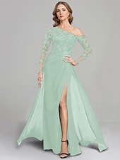 preiswerte Bodenlänge-Etuikleid Mutter der Braut Kleid formell elegant ein Schulter bodenlang Chiffon Langarm mit Spitze einfarbig 2025