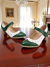 cheap Victorian &amp; Edwardian-Women's 1900s Edwardian Vintage Gatsby Mary Jane Shoes-Green and White Leather Cutout Heels with Scalloped Edge, Perfect for Historical Costumes, Retro Parties, and Daily Wear