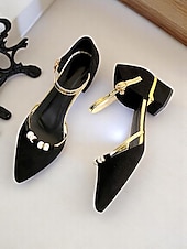 cheap Block Heel Pumps-Women's Black Suede Block Heel Dress Shoes with Gold Ankle Straps, Rhinestone Buckle for Daily Date, Casual Office, Romantic Evenings