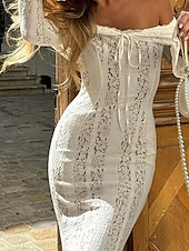 levne Bílé krajkové šaty-Dámské Dlouhé šaty Maxi šaty Krajkové šaty Šaty na ples Šaty na párty Elegantní Módní Párty Zvláštní příležitosti Večerní oslava Běžný Bez vzoru Dlouhý rukáv Pod rameny Černá Bílá Léto