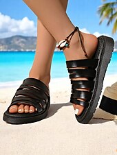 cheap Vacation Sandals-Women’s Brown Multi-Strap Slide Sandals – Casual Faux Leather Flats for Beach, Resort, and Vacation Outfits
