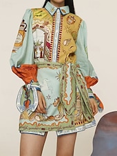 abordables concevoir des robes en coton et lin-Femmes Mini Robe Robes en coton et lin Robe Décontractée Mode Extérieur Soirée Fête Coupe régulière Animal manche longue Col de chemise Vert Été