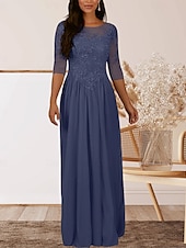 baratos Comprimento do chão-Vestido para Mãe da Noiva em A Convidada de Casamento Elegante Decote Redondo Comprimento até o Chão Chiffon Manga Curta com Pregas e Apliques