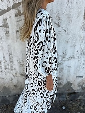 preiswerte Kleider für die Ferien-Damen Maxikleid A Linie Kleid Lässig Outdoor Ausgehen Normale Passform Leopard Langarm V Ausschnitt Weiß Himmelblau Dunkelgrün Grün Sommer