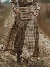 levne Boho šaty-Dámské Midi šaty Boho šaty Westernové šaty Módní Klasické Venkovní Dovolená Jdeme ven Běžný Pléd Dlouhý rukáv Košilový límec Khaki Léto