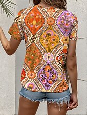 abordables T-shirt Boho-Femmes T-shirt Fleuri Graphique Géométrique ancien Élégant Classique Manche Courte Col ras du cou Hauts Réguliers Quotidien Week-end Imprimé Bleu Fuchsia Orange Été Printemps