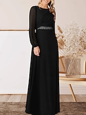 abordables Longueur du plancher-Robe A-Ligne pour Mère de la Mariée Invité de Mariage Élégante Col Arrondi Longueur Sol Chiffon Manches Longues avec Perles Ruché