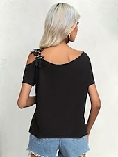 preiswerte Einfarbiges T-Shirt-Damen T Shirt Einfach Mode Modern Lässig Kurzarm V Ausschnitt Normale Oberteile Täglich Wochenende Patchwork Bestickt Schwarz Weiß Braun Grün Sommer Frühling