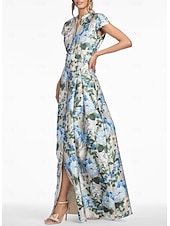 economico FLORALI-Abito da sera A-Line elegante Abito formale per matrimoni invitati lunghezza fino al pavimento maniche corte scollo a V tasca in satin con stampa floreale Abito per invitata al matrimonio 2025