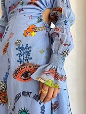 preiswerte bedruckte Kleider aus Baumwolle und Leinen-Damen Langes Kleid Maxikleid Baumwoll-Leinen-Kleider Freizeitkleid Mode Outdoor Party Ferien Normale Passform Bemalt Langarm Rundhalsausschnitt Blau Sommer