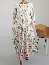 tanie kwiatowa sukienka-Damskie Sukienka maxi Sukienka letnia Sukienka A line Letnie sukienki Urlop Codzienny Styl plażowy Codzienny Święto Wyjściowe Luźna Kwiaty Graficzny Długi rękaw Półgolf Łódeczka Niebieski Zielony