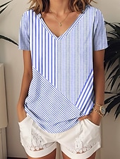 billige Boho t-skjorte-Dame T skjorte Grafisk Geometrisk Stripet Årgang Stilfull Etnisk Kortermet V-hals Vanlige topper Daglig Ut på byen Strand Klær Trykt mønster Rosa Blå Lilla Grønn Grå Sommer Vår