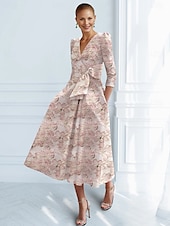 tanie Sukienki koktajlowe-Sukienki koktajlowe Jacquard Brokatowy w kształcie litery A Elegancka sukienka formalna weselna do kostek Krótki rękaw Z dekoltem w serek Nylon z kokardą(ami) Kieszonka Sukienka dla gościa weselnego