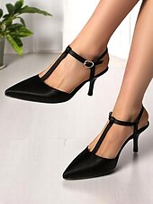 cheap Kitten Heels-Women&#039;s Brown T-Strap Pointed Toe Heels - Elegant Slingback Dress Shoes with Buckle for Office Wear and Daytime Dates