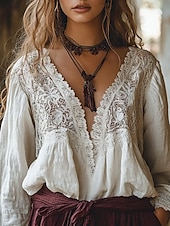 ieftine Topuri Boho-bluză western pentru femei, evazabil, cămașă boho, bluză din bumbac și in, cămăși simple, casual, boho, mânecă lungă, decolteu în V, bluze obișnuite, zi de zi, vacanță, ieșiri în oraș, dantelă, model patchwork, alb, vară, toamnă