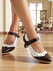 cheap Victorian &amp; Edwardian-Women's 1900s Edwardian Vintage Gatsby Mary Jane Shoes-Green and White Leather Cutout Heels with Scalloped Edge, Perfect for Historical Costumes, Retro Parties, and Daily Wear