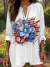 abordables Animaux Tops-Jour de l&#039;Indépendance Américaine Femmes Hauts d&#039;été Graphique Drapeau Quotidien Occasionnel manche longue Col en V Hauts Réguliers Quotidien Imprimé Bordeaux Rouge Bleu Été Printemps