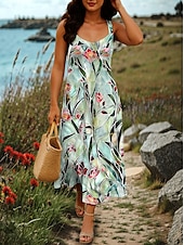 preiswerte Boho Kleider-Damen Maxikleid A Linie Kleid Sommerkleid Schulterfreies Kleid Urlaub Lässig Party Date Normale Passform Blumen Grafik Stammes Ärmellos Quadrathals Rote Orange Grün Sommer Frühling