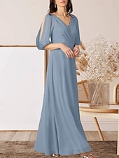 preiswerte Bodenlänge-A-Linie Brautmutterkleid Hochzeitsgast Elegant V Ausschnitt Bodenlang Chiffon Halbarm mit Raffung 2025