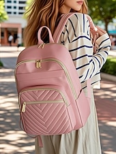 preiswerte Mode Rucksäcke-wasserabweisender Damen-Reiserucksack aus Nylon mit gesteppter Fronttasche, goldenen Reißverschlüssen und Gepäckgurt für Business-, Schul- und Wochenendausflüge