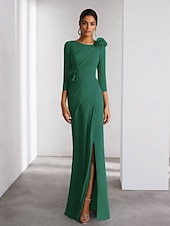cheap GREEN-A-Line Evening Gown Elegant Dress Formal Wedding Floor Length Long Sleeve Crew Neck Detachable Stretch Crepe with Shouder Flower