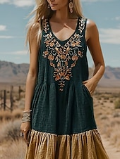 abordables Robes Bohémiennes-Femmes Robe Longue Maxi Robe Robe Décontractée Robe évasée Robe d&#039;été Robe bohème ancien Vacances Quotidien Fête Coupe régulière Fleuri Sans manches Col en V Marron Été