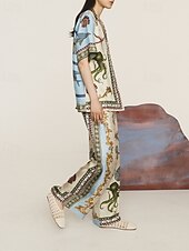 abordables Ensembles-Femmes Mode Streetwear Chemises en coton et lin Ensembles en coton et lin Ensembles de Pantalons Manche Courte Col de chemise Animal Imprimé Tenue quotidienne Date Kaki Été Coupe régulière