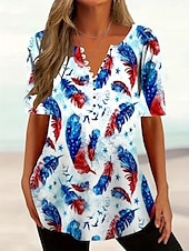 cheap Independence Day Top-Independence Day Women&#039;s Blouse Flag Stylish Casual Beach Short Sleeve V Neck Regular Tops Daily Buttons Print White Wine Red Blue Summer