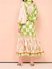 preiswerte bedruckte Kleider aus Baumwolle und Leinen-Damen Langes Kleid Maxikleid Baumwoll-Leinen-Kleider Freizeitkleid Mode Outdoor Party Ferien Normale Passform Karomuster Langarm Hemdkragen Grün Sommer