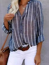 voordelige Dames Strepen &amp; Geometrische Tops-Dames Overhemd Gestreept Stijlvol Casual Lange mouw V-hals Normale tops Dagelijks Afdrukken Wit blauw Grijs Licht Blauw Zomer Lente