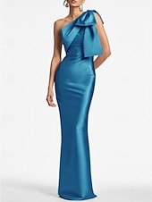 preiswerte SCHWARZ-Meerjungfrau Abendkleid Elegantes Kleid Formeller Hochzeitsgast Knöchellang Ärmellos Eine Schulter Satin mit Schleife(n) Schlitz Maskeradenkleid 2025