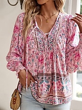 cheap Boho Tops-Women&#039;s Boho Shirt Blouse Flower Modern Boho Long Sleeve V Neck Regular Tops Daily Going out Print Yellow Pink Navy Blue Blue Orange Summer