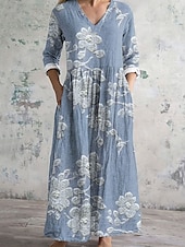 preiswerte Blumenkleider-Damen Midikleid A Linie Kleid Sommerkleid Lässig Täglich Normale Passform Blumen Grafik Dreiviertelarm V Ausschnitt Rosa Blau Sommer