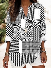 cheap Stripe&amp;Geometric Tops-Women&#039;s Shirt Cotton Linen Shirt Blouse Graphic Striped Daily Hawaiian Business Long Sleeve V Neck Regular Tops Work Daily Holiday Buttons Print Black Blue Green Light Blue Summer Spring