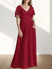 preiswerte Bodenlänge-A-Linie Brautmutterkleid Hochzeitsgast Elegant Süß V Ausschnitt Bodenlang Chiffon Kurzarm mit Raffung 2025