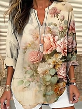 abordables Hauts de Vacances pour Femmes-Femmes Chemise Fleur Quotidien Élégant Basique manche longue Col en V Hauts Réguliers Quotidien Fête Imprimé Jaune Bleu Roi Violet Printemps Automne