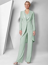 cheap Mom&#039;s Pant Suits-Pantsuit 3 Piece Mother of the Bride  Elegant V Neck Floor Length Stretch Fabric Long Sleeve Wrap Included with Solid Color 2025