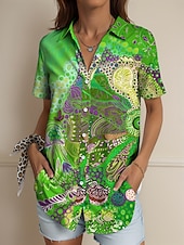 abordables Hauts d&#039;Art et de Design pour Femmes-Femmes Chemise Graphique Géométrique Abstrait ancien Tropical Quotidien Manche Courte Col de chemise Hauts Réguliers Quotidien Rouge Bleu Violet Vert Été Printemps