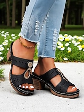 billige Uformelle sandaler-damesandaler med grov hæl – hult strass-design, retrospennedekor, komfortabel såle, for turer utendørs, hage og uformelle sommerantrekk