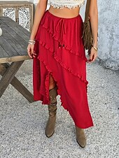 preiswerte Grafische Röcke-Damen Rock A-Linie Mode Lässig Maxi Hohe Taille Röcke Einfach Rüsche Mikroelastisch Urlaub Straße Schwarz Weiß Rote Blau Sommer Polyester